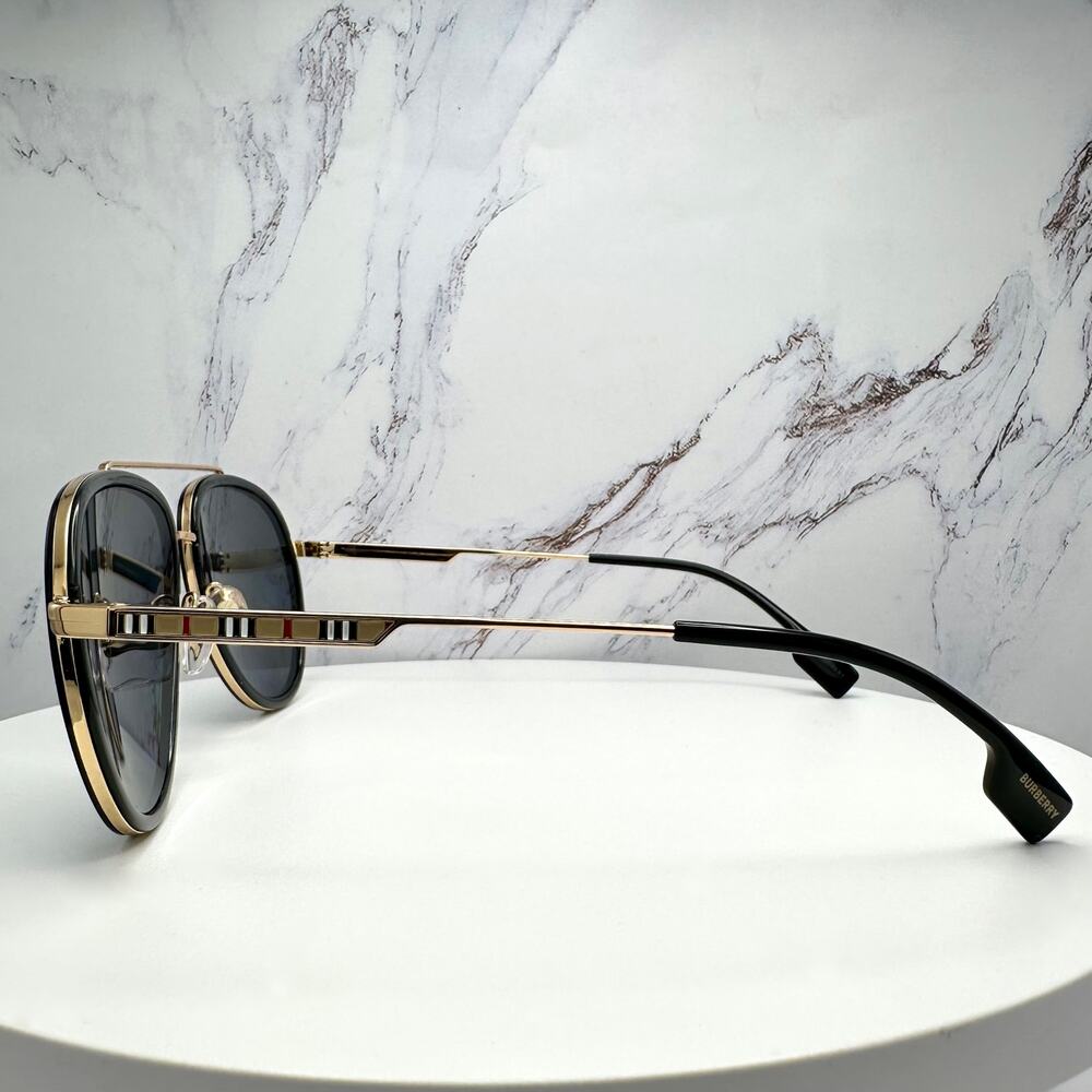 New Burberry Sunglasses Polarized Gold Black Check Arms Aviator Pilot Metal - Picture 16 of 16